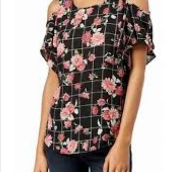 BCX window pane, floral printed cold shoulder top - Picture 1 of 7
